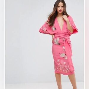ASOS Pink Floral Kimono Style Embroidered Floral Swan Midi Dress